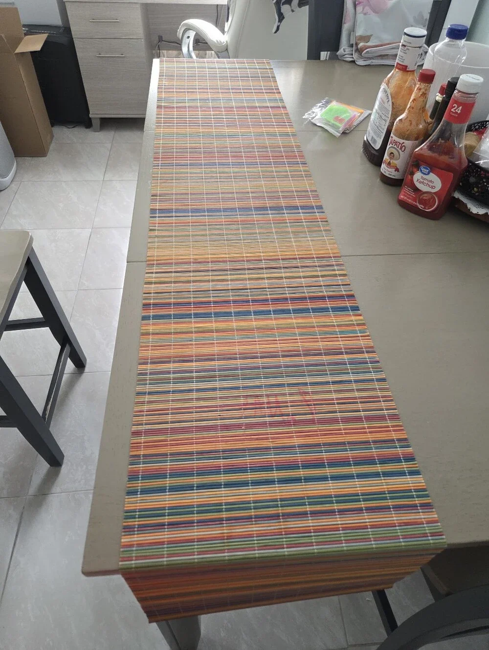 Vintage Multicolor Bamboo Reed Table Runner 13x70 Woven Roll Up Boho Tiki, EUC